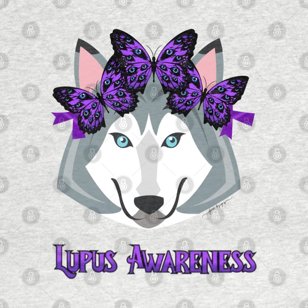 Lupus Wolf wearing Hope Butterfly Headband, Lupus Awareness by jhux designs